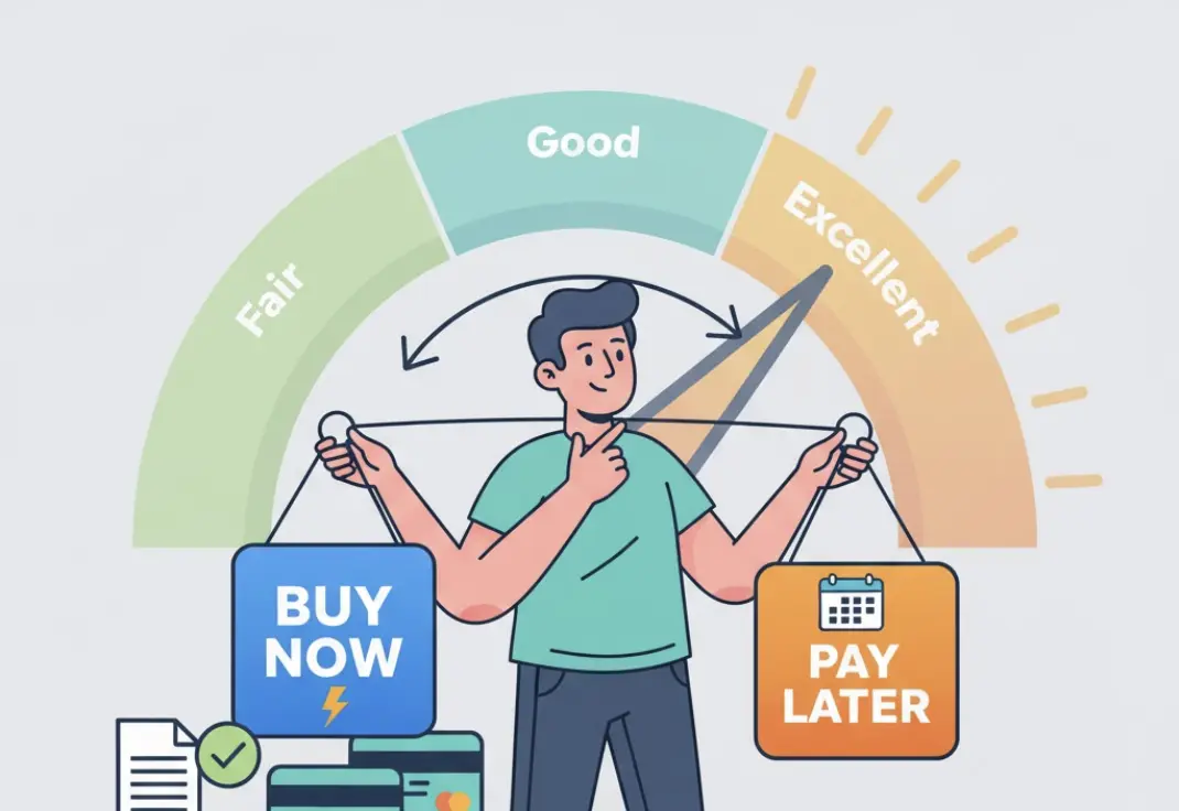 U.S. shopper using a BNPL app while monitoring their credit score.